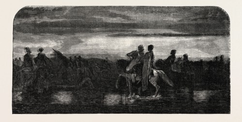 Asian Turkish Cavalry crossing a ford, painting by M. Decamps. engraving 1855