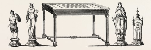 Table and main parts of a chess game, executed in ebony, bronze, gold and silver. engraving 1855
