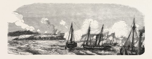 The bombardments in the Bay of Straliska. The Crimean War, 1855. Engraving