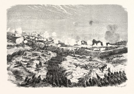 Attack of the Courtine by the devision of the Motterouge. The Crimean War, 1855. Engraving