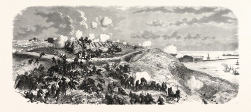 Attack of the redan du Carenage of the division Dulac. The Crimean War, 1855. Engraving