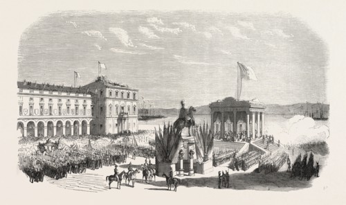 Recognition of the new sovereign on the Place du Commerce in Lisbon. Portugal, 1855. Engraving