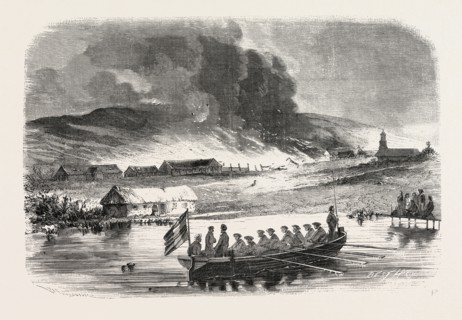 Fire of the stores of Petropawloski. engraving 1855