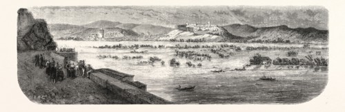 Overflow of the river Rhone before Avignon, view from the Rocher du Dom. engraving 1855