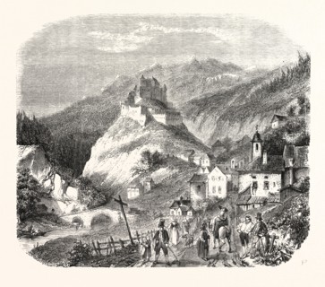Castle Queyras, view from the road of Abries, 1855. (Hautes-Alpes), France. Engraving