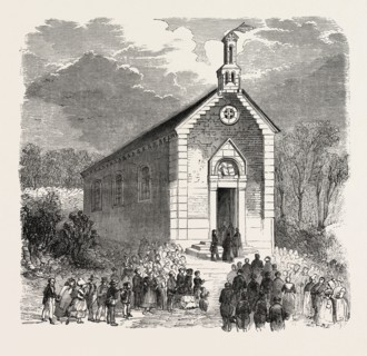 Inauguration of a Protestant church in Conde-sur-Noireau, France. engraving 1855