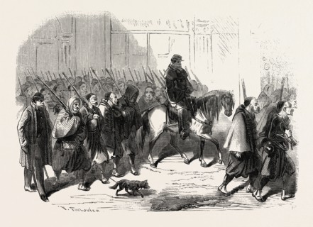 Passage, Lyon, Zouaves, returning from Crimea, France, 1855. Engraving