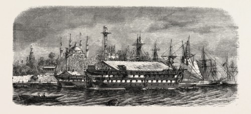 Pontoons, barrack for Russian prisoners injured in the port of Constantinople (Istanbul), 1855.