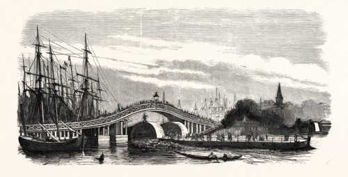 Passage of the steamer le Cygne under the Galata Bridge in Constantinople (Istanbul), 1855.