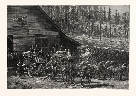 STAGE COACH STARTING FROM A RAILWAY STATION IN WESTERN AMERICA