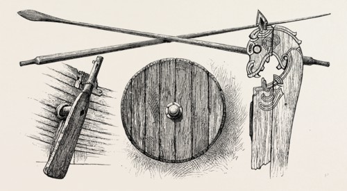 THE VIKING'S SHIP: THE RUDDER, OARS, A SHIELD AND ONE OF THE TILT-HEADS