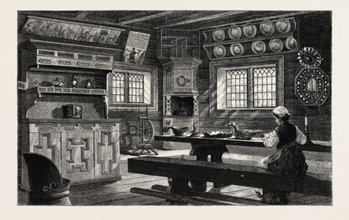 INTERIOR OF AN OLD THELEMARKEN HOUSE NOW AT BYGDO, NEAR CHRISTIANIA, OSLO