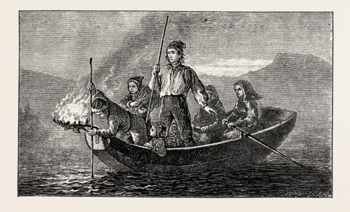 SALMON SPEARING BY NIGHT, From a painting by Tidemand. Adolph Tidemand (1814â€ì1876) was a noted