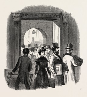 THE ROYAL ACADEMY: The Entrance from the Quadrangle of Burlington House: Taking In in the Hall. UK,