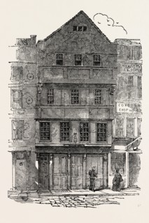OLD HOUSES WITH OVERHANGING STORIES, GABLED FRONTS AND PROJECTING WINDOWS, IN CHANCEREY LANE, JUST