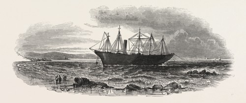 THE "GREAT BRITAIN" STEAMSHIP AT MIDWATER. ST. JOHN'S POINT LIGHTHOUSE IN THE DISTANCE, 1846
