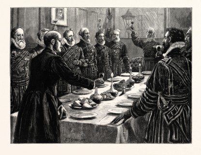THE OPENING OF PARLIAMENT: YEOMEN OF HER MAJESTY'S BODYGUARD DRINKING THE QUEEN'S HEALTH AFTER