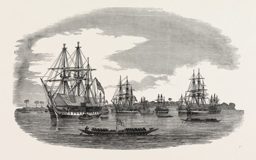 THE WESTERN COAST OF AFRICA: THE ANCHORAGE OFF THE TOWN OF BONNY RIVER, 1850