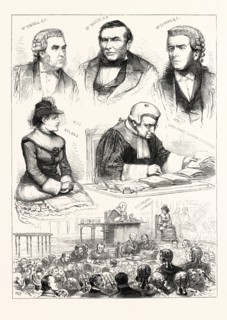 SKETCHES IN THE ROYAL COURTS OF JUSTICE: AN INTERESTING TRIAL. 1883. MR. RUSSELL, Q.C.; MR. BIGGAR,