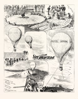 THE BRIGHTON REVIEW: PREPARING TO ASCEND IN A BALLOON TO VIEW THE BATTLE, UK, 1883