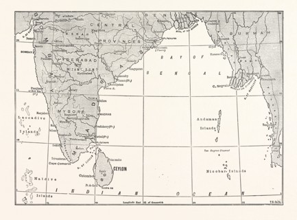 MAP OF LOWER INDIA AND CEYLON, SRI LANKA
