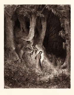 DANTE IN THE GLOOMY WOOD, BY Gustave Doré.  Dore, 1832 - 1883, French. Engraving for the Inferno by