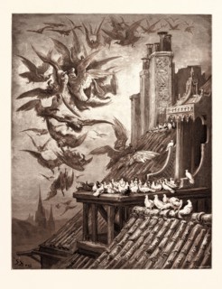 THE VULTURES AND THE PIGEONS, BY Gustave Doré.  Dore, 1832 - 1883, French. Engraving for Fables by