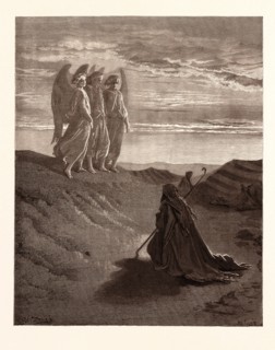 ABRAHAM AND THE THREE ANGELS, BY Gustave Doré. Dore, 1832 - 1883, French. Engraving for the Bible.