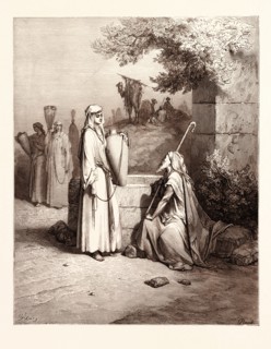 ELIEZER AND REBEKAH, BY Gustave Doré. Dore, 1832 - 1883, French. Engraving for the Bible. 1870,