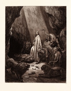 DANIEL IN THE DEN OF LIONS, BY GUSTAVE DORE, 1832 - 1883, French. Engraving for the Bible. 1870,