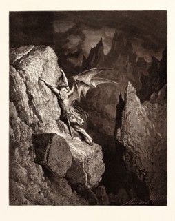SATAN'S FLIGHT THROUGH CHAOS, BY Gustave Doré. Gustave Dore, 1832 - 1883, French. Engraving for