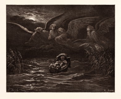 THE CHILD MOSES ON THE NILE, BY Gustave Doré. Gustave Dore, 1832 - 1883, French. Engraving for the