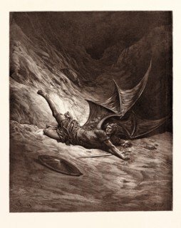 SATAN SMITTEN BY MICHAEL, BY Gustave Doré. Gustave Dore, 1832 - 1883, French. Engraving for