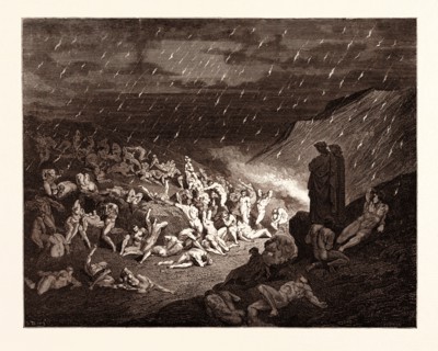 THE TORTURE OF THE FIERY RAIN, BY Gustave Doré. Gustave Dore, 1832 - 1883, French. Engraving for