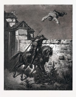 SANCHO TOSSED IN A BLANKET, BY Gustave Doré. Dore, 1832 - 1883, French. Engraving for Don Quixote