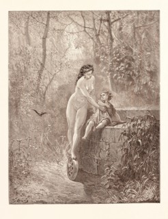 FORTUNE AND THE LITTLE CHILD, BY Gustave Doré. Dore, 1832 - 1883, French. Engraving for Fables by