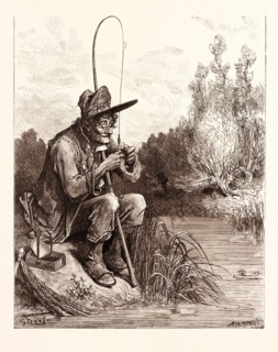 THE LITTLE FISH AND THE FISHERMAN, BY Gustave Doré. Dore, 1832 - 1883, French. Engraving for Fables
