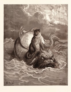 THE MONKEY AND THE DOLPHIN, BY Gustave Doré. Dore, 1832 - 1883, French. Engraving for Fables by