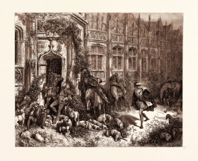 THE PRINCE APPROACHING THE PALACE OF SLEEP, BY GUSTAVE DORE. Dore, 1832 - 1883, French. Engraving