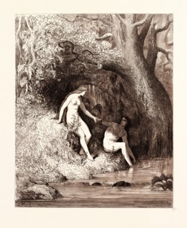 THE EVENING MEAL IN PARADISE, BY GUSTAVE DORE, 1832 - 1883, French. Engraving for the Bible. 1870,