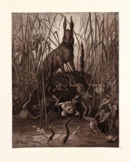 THE HARE AND THE FROGS, BY GUSTAVE DORE,  1832 - 1883, French. Engraving for Fables by Jean de la