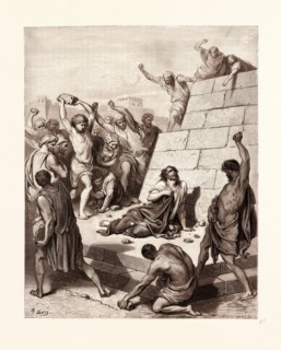 The Stoning of SAINT STEPHEN, BY GUSTAVE DORE, 1832 - 1883, French. Engraving for the Purgatorio or