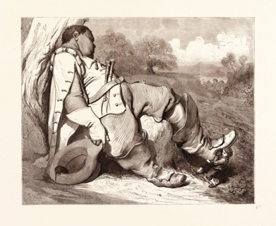 Hop o'My Thumb stealing the Seven-League boots from the Orge, BY GUSTAVE DORE, 1832 - 1883, French.