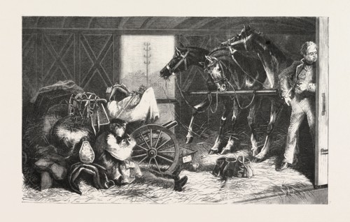FRANCO-PRUSSIAN WAR: CAVALRY TRANSPORT BY RAIL, INTERIOR OF A STABLE-WAGON 1870