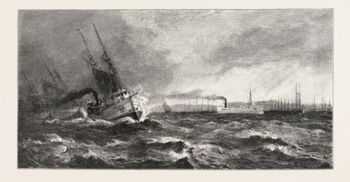 RIDING OUT A SOU'WESTER UNDER LEE OF LONG POINT, CANADA, NINETEENTH CENTURY ENGRAVING