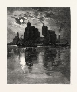 RIVERSIDE GRANARIES, CANADA, NINETEENTH CENTURY ENGRAVING