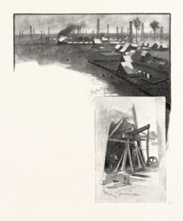 OIL DERRICKS, PETROLEA (TOP); DRILLING A WELL (BOTTOM), CANADA, NINETEENTH CENTURY ENGRAVING