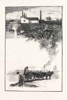 REFINERY (TOP); CARRYING THE OIL (BOTTOM), CANADA, NINETEENTH CENTURY ENGRAVING
