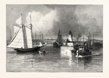 THE HARBOUR-MOUTH, COBOURG, CANADA, NINETEENTH CENTURY ENGRAVING