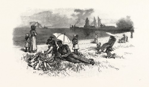 CENTRAL ONTARIO, ON THE BEACH, COBOURG, CANADA, NINETEENTH CENTURY ENGRAVING
